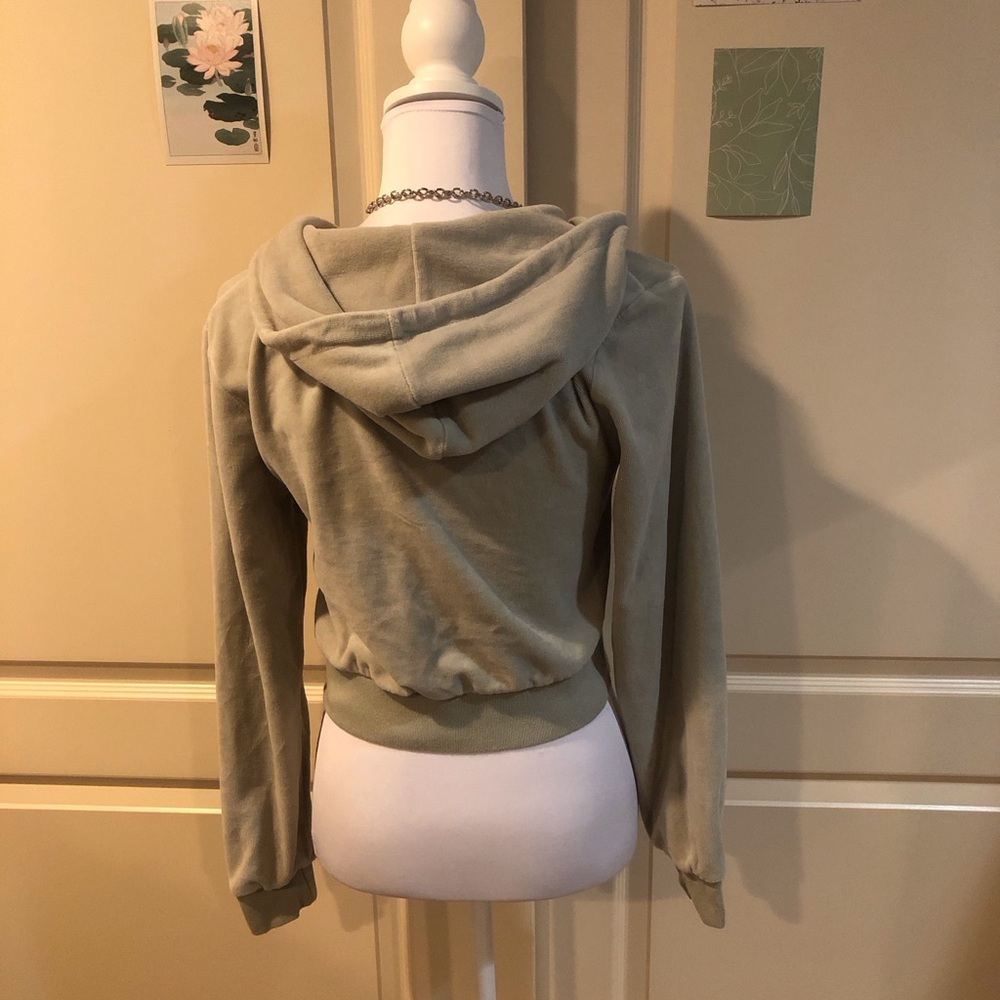 Brandy Melville Women's Sage Green Velour Zip-Up Hoodie - Picture 4 of 5